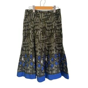 Togo Olive Green Abstract Print Cotton A-Line Midi Skirt Blue Floral Border 2